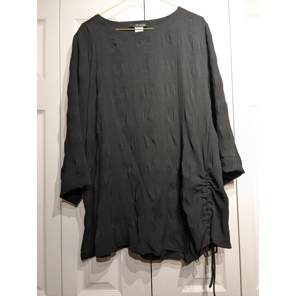 Moonlight Shirt Women XL+ Blk Textured 3/4 Sleeve Tunic Top Side Ruched Asym Hem